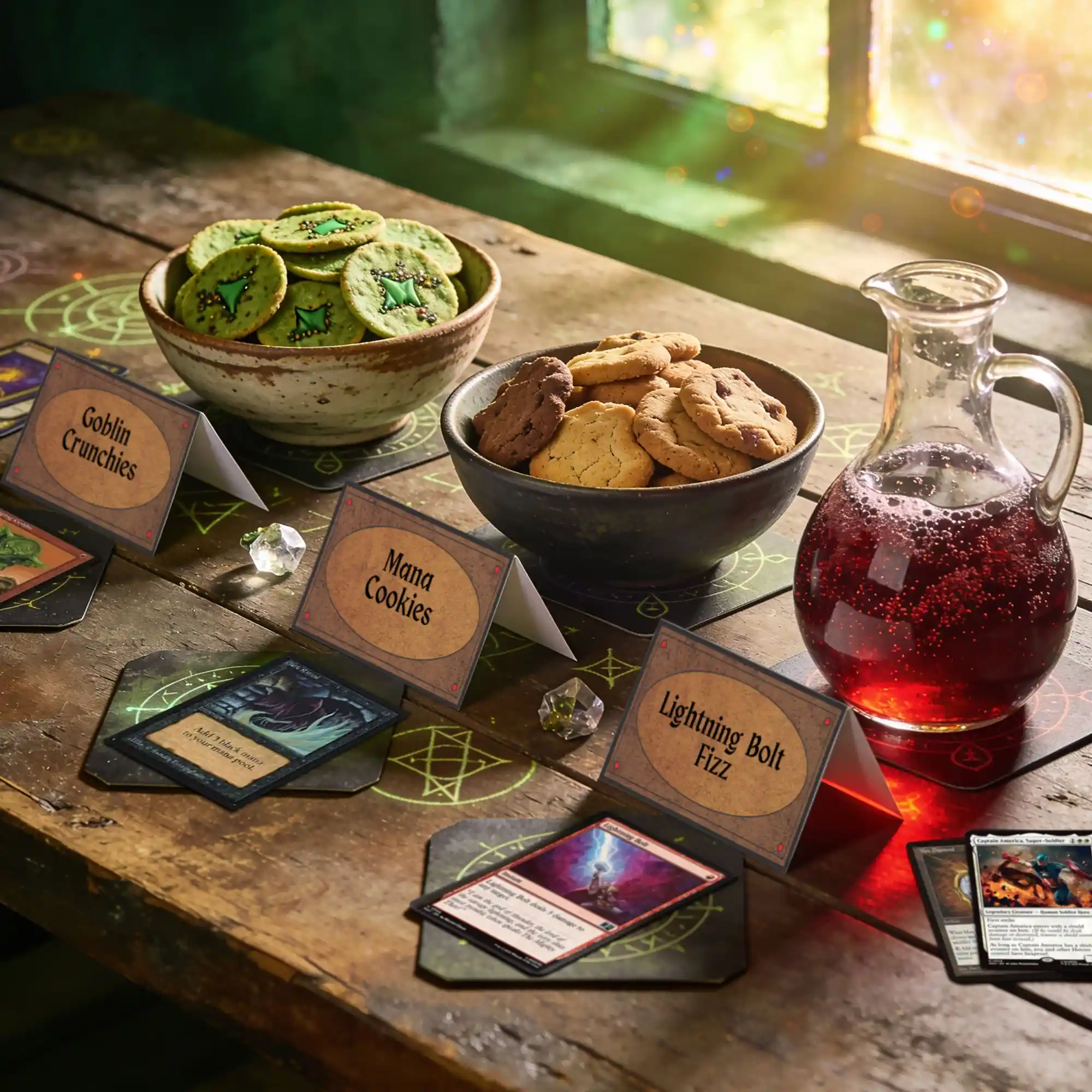 MTG party food labels on a gaming table