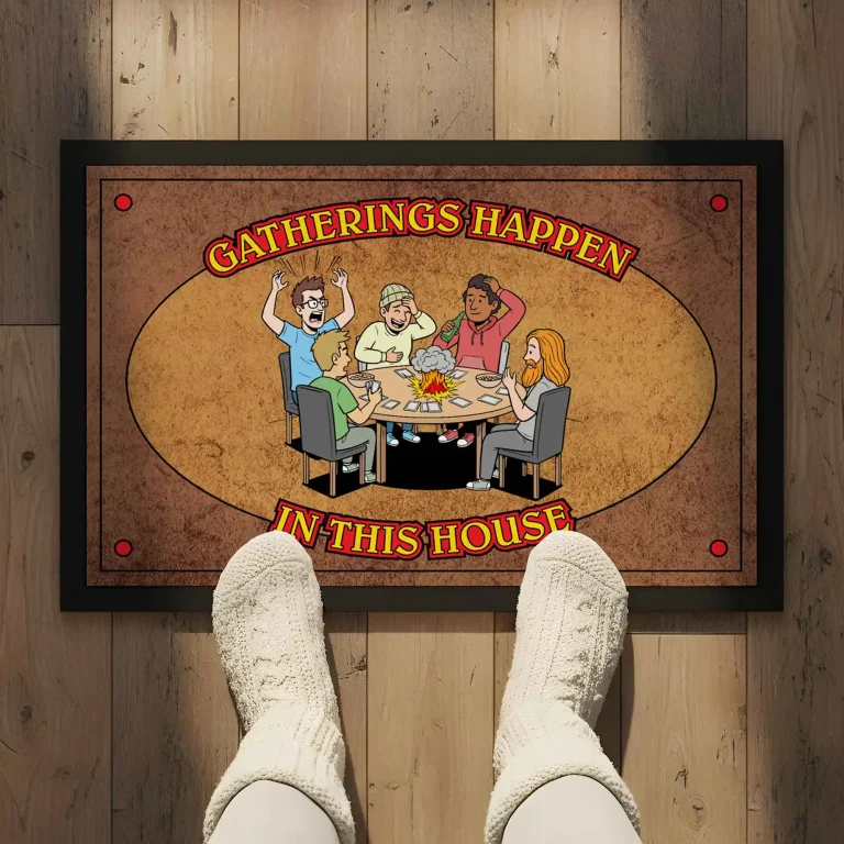 mtg doormat on a wooden floor. a person stand over the edge with socks on