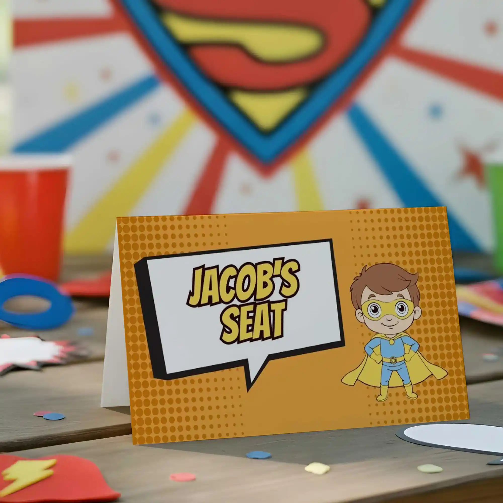 super hero place name cards - orange